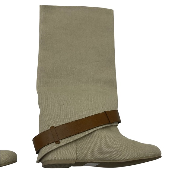 ALDO| NWOT Tan Burlap/Linen hidden wedge,wide calf, with camel belt detail SZ 37 - Picture 3 of 16